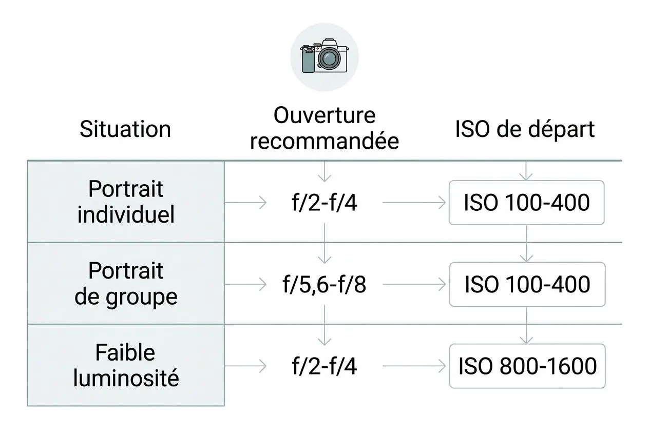 Comment faire une jolie photo de famille : conseils et astuces Diagramme montrant les réglages recommandés pour portrait individuel, portrait de groupe et faible luminosité : ouverture recommandée et ISO de départ associées. Inclut les valeurs f/2-f/4, f/5,6-f/8 et ISO 100-400 ou 800-1600. Intégré avec le mot-clé: comment faire une jolie photo de famille.