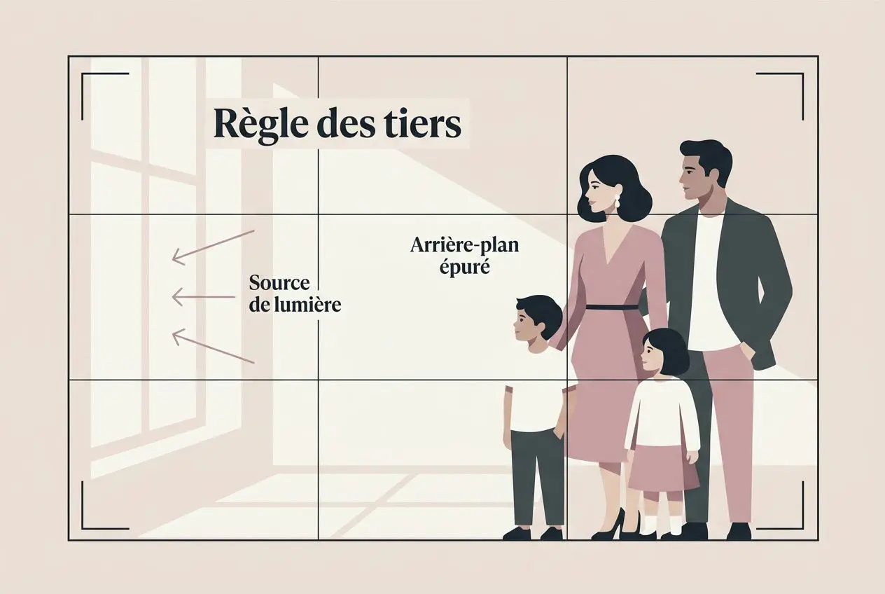 Comment faire une jolie photo de famille : conseils et astuces Règle des tiers illustrant une famille posant devant une fenêtre, source lumineuse à gauche et arrière-plan épuré. Comment faire une jolie photo de famille.