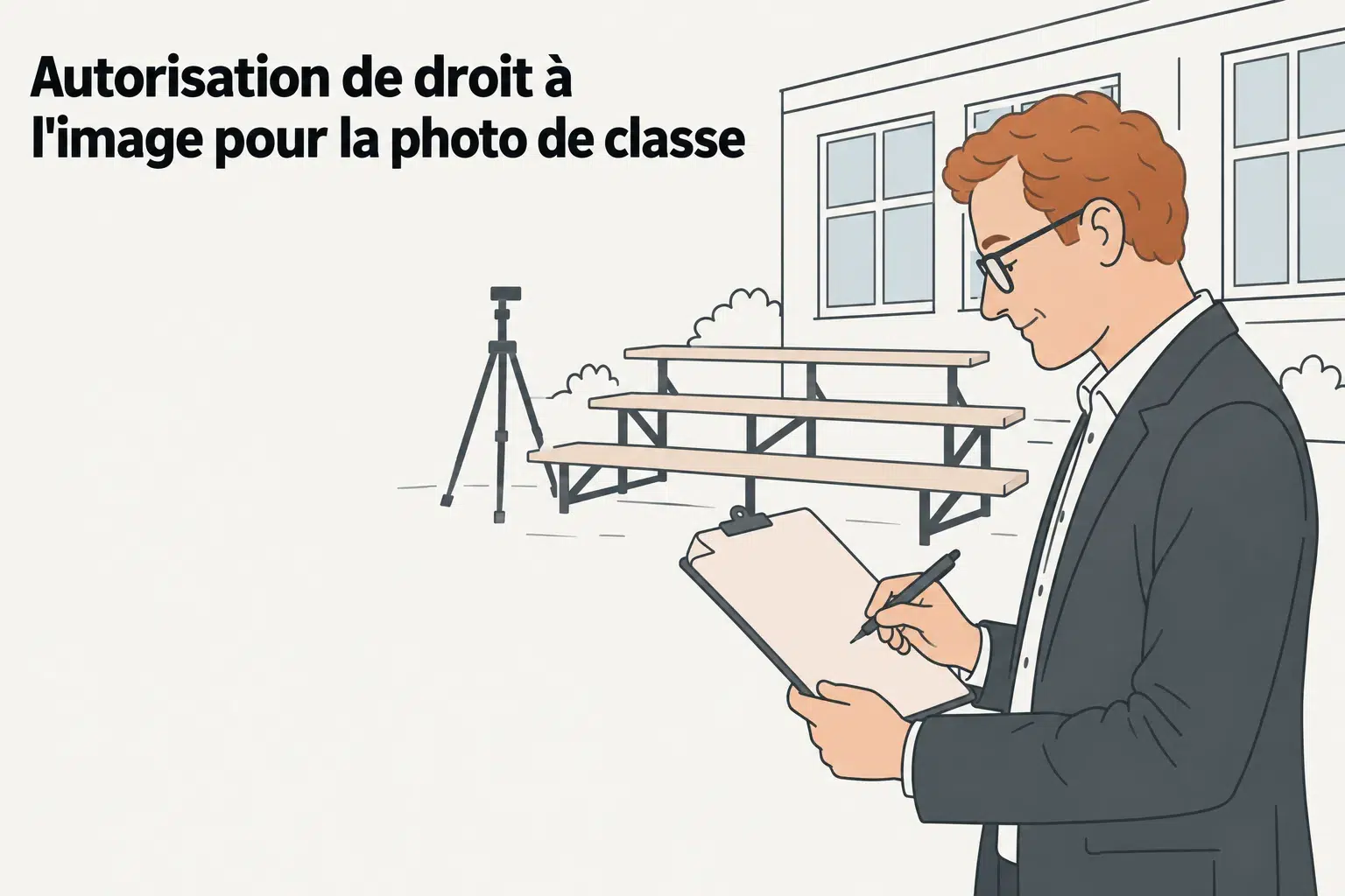 Un homme en veste noire prend des notes sur un carnet devant un appareil photo posé sur un trépied, à l’extérieur près d’un