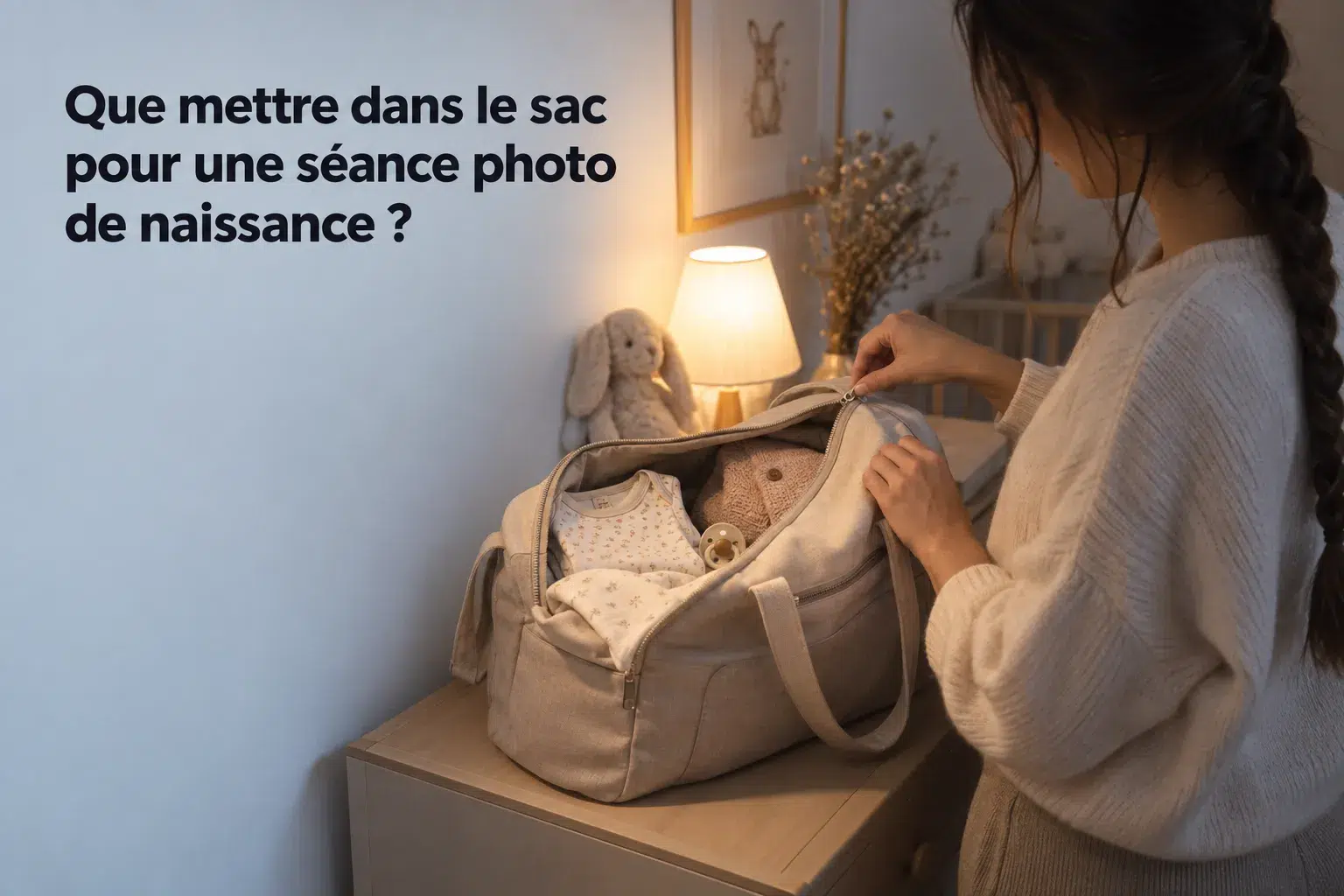 Que mettre dans le sac pour une séance photo de naissance ? Une femme prépare un grand sac à langer posé sur une commode, avec vêtements et doudou à l’intérieur.